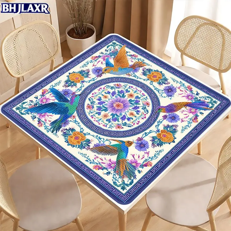 VIKAMA Retro Oriental Flower-and-Bird Mahjong Mat, Non-Slip Square Table Mat, Living Room Family Board Games Home Decor