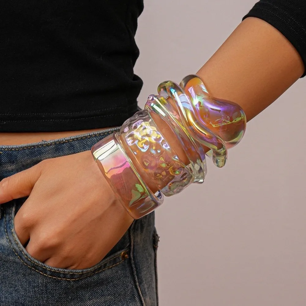 Transparent Acrylic Opening Bangle Irregular Large AB Colorful Wide Cuff Bracelet Lightweight Color Shifting Effect