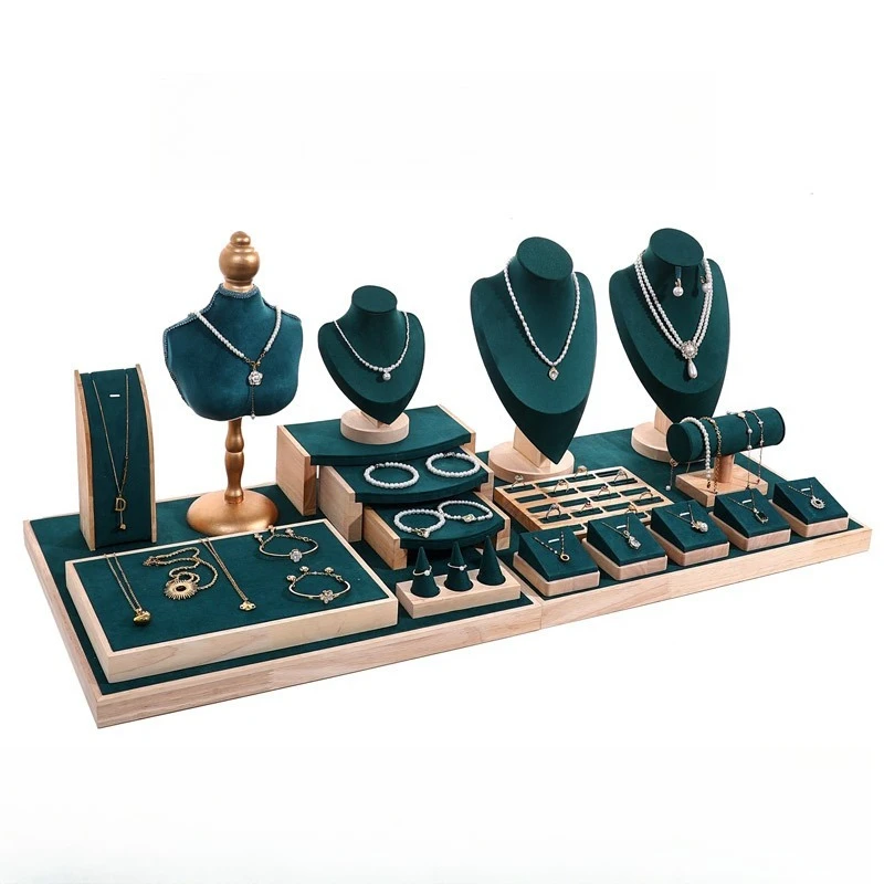 Velvet Jewelry Display Stand Set Counter Jewelry Display Rack Necklace Storage Holder Dark Green Ring Bracelet Organizer Tray