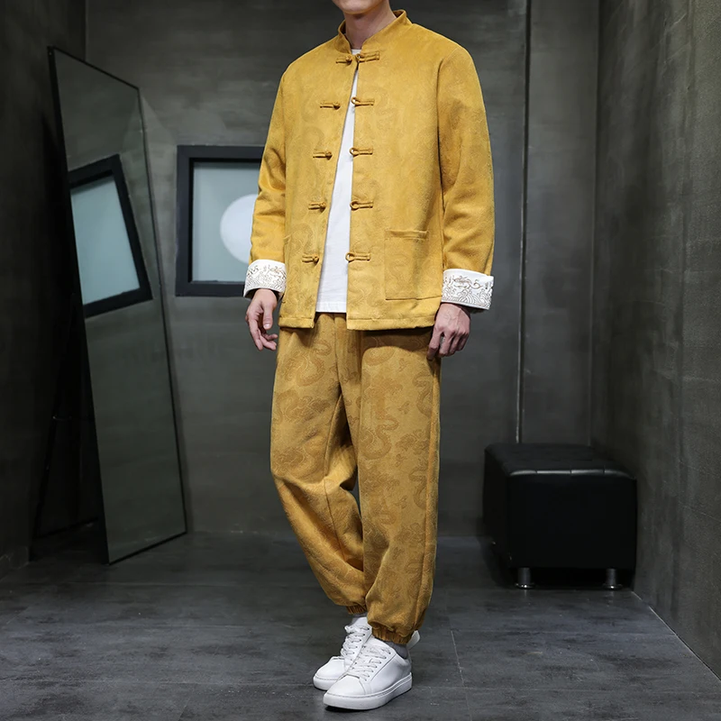 

2025 Men Chinese Style Suede Velvet Sets Men Traditional Embroidery Jackets +Pants Male Kung Fu Set Autumn Men Vintage Tang Suit