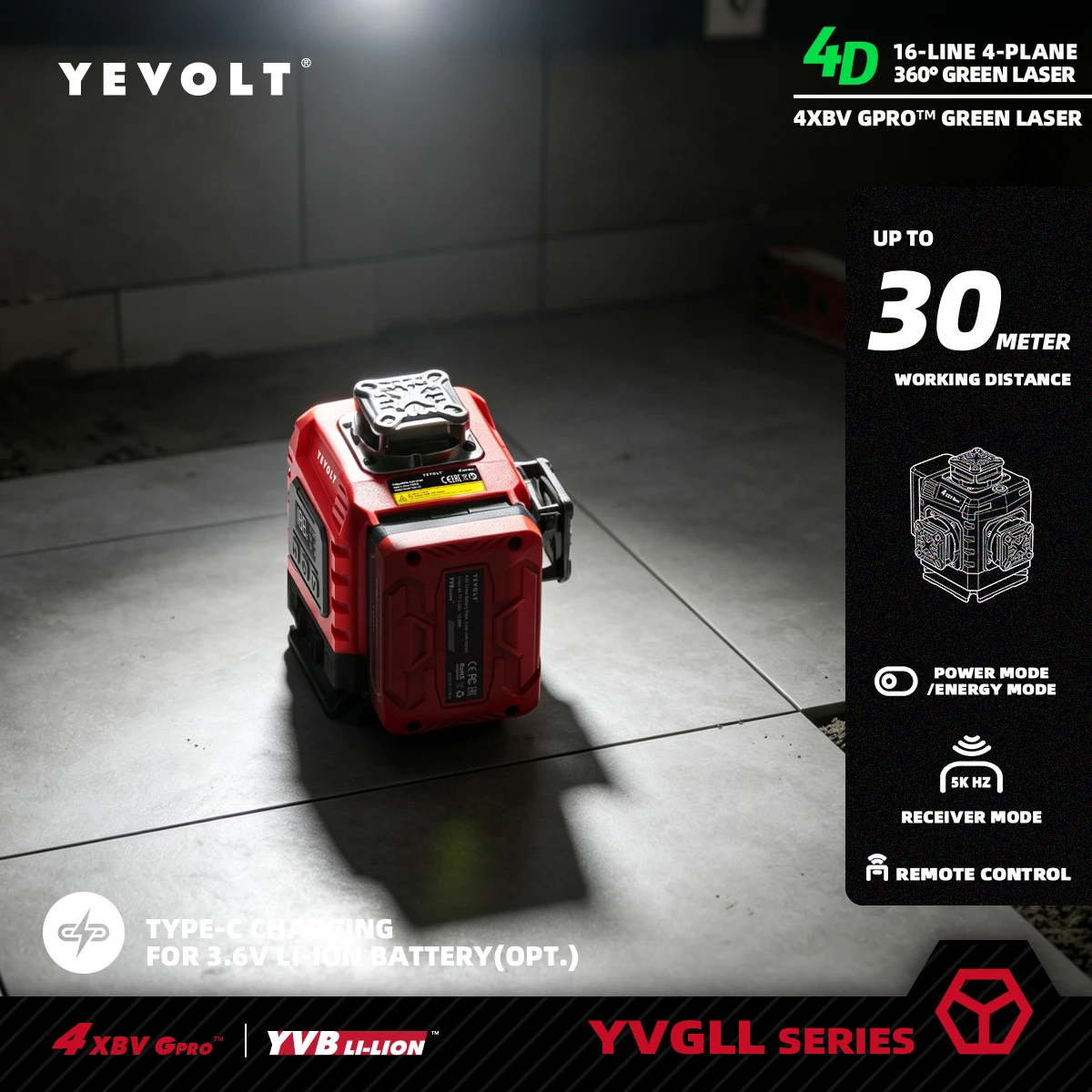 Niveau laser vert YEVOLT 4D 16 lignes auto-nivelant 4x360 °   Laser à lignes horizontales et verticales pour la construction, le bricolage et la mise en plan