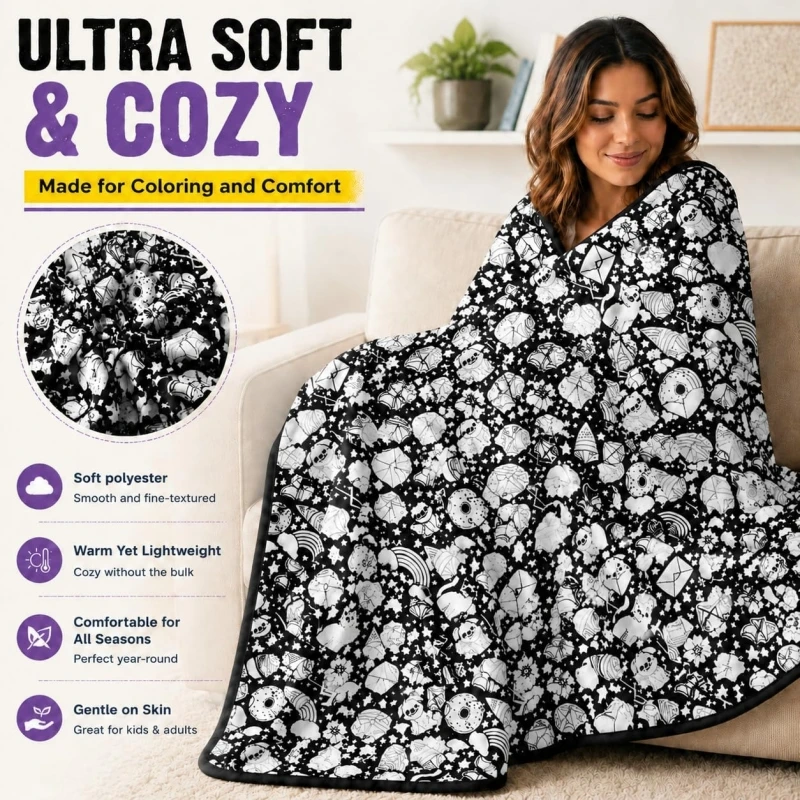 DIY Coloring Blanket with 24 Colors Markers, 125x156cm Washable Cozy Velvet Throw Giant Doodle Colored Blanket for Living Room view 4