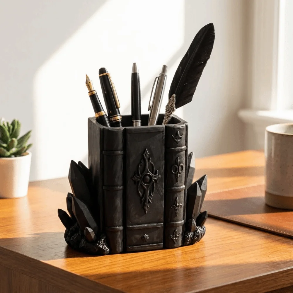 Gothic Style Magic Book Crystal Pen Holder Plastic Large Capacity 3D Printed Pen Stand Decorative Stationery Organizer