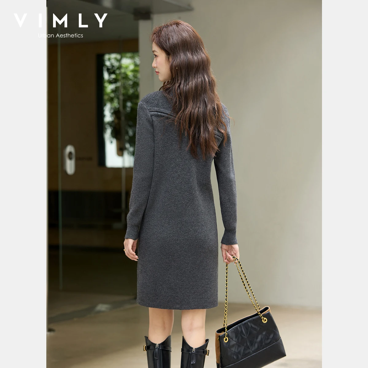 VIMLY Graue Kleider Frau Elegante 2025, Herbst Gestrickte Mock Neck Getäfelten Midi Dame Kleid Gerade Wolle Mischung Weibliche Kleider 75187