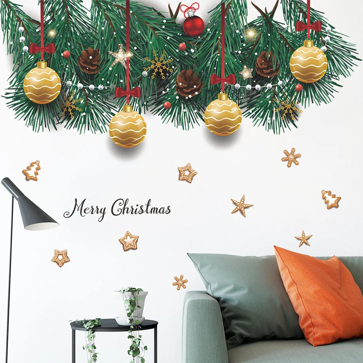 Green Plant Pine Cones Branch Christmas Window Wall Sticker Christmas Decoration Posters Home New Year Stickers Art Decals 2024