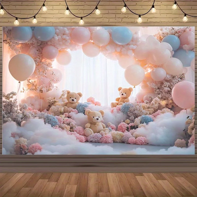 1 Stück Banner mit Teddybär-Ballon und Blumenhintergrund – geeignet für Geburtstage, Feiertage, Partys, mehrere Größen zur Auswahl