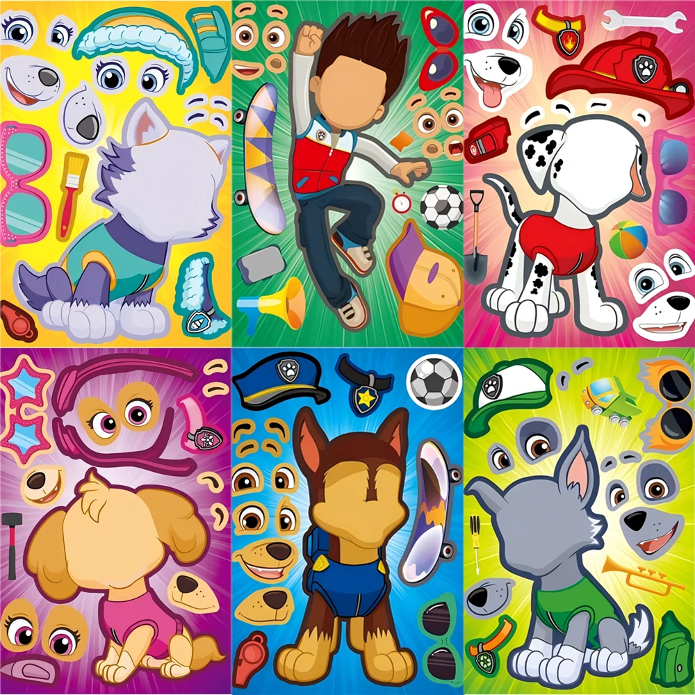 8/16 Fogli di Adesivi Puzzle PAW Patrol Anime 'Make-a-Face' per Telefono, Laptop, Valigie, Skateboard, Giocattoli Fai-da-Te, Decalcomanie Assemblabili