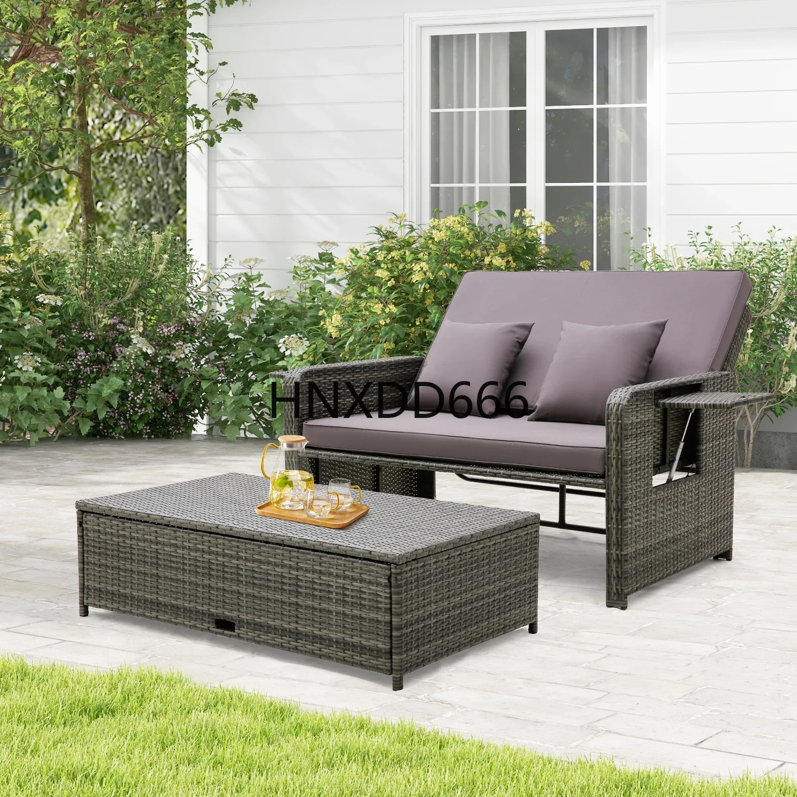 Patio Rattan Daybed Set Wicker Loveseat Sofa with Ottoman   Retractable Side Tray