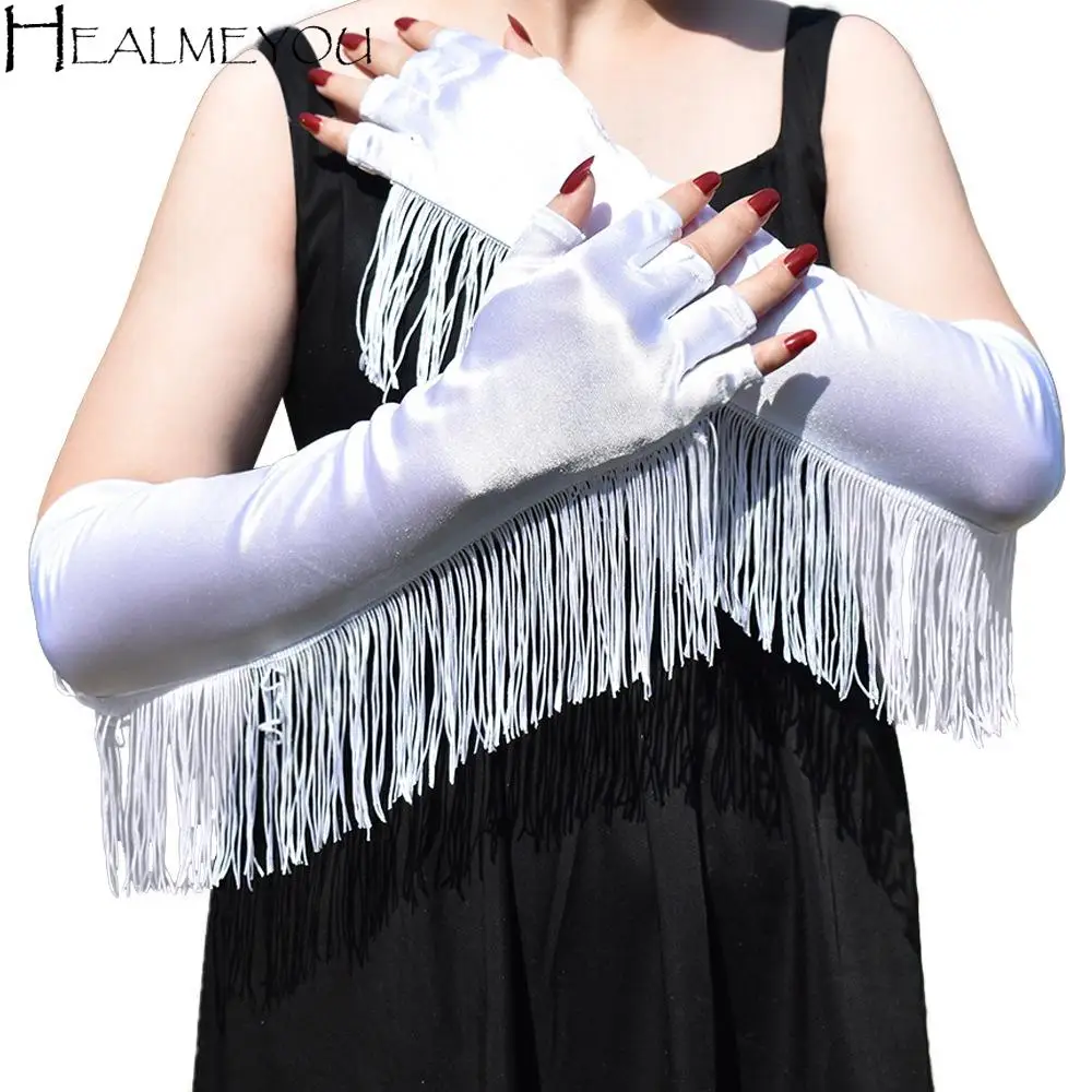 Costume Opera Lady Long Gloves Stretch Fashion Fringe Tassel Gloves Musical Tassel Stage Dance Mittens Halloween Party