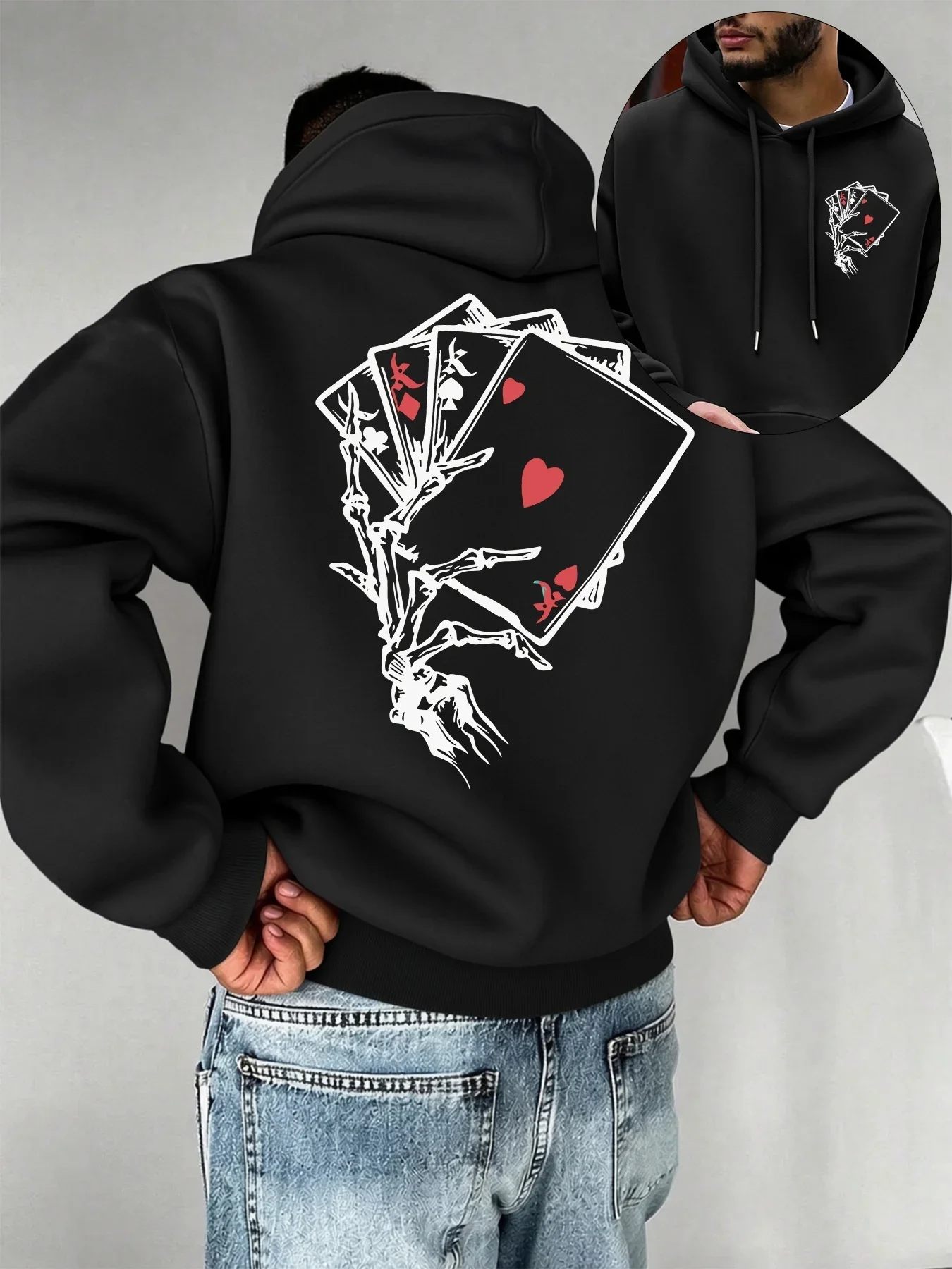 Skeleton Hand Poker Cards Graphic Hoodie Unisex Double‑Sided Print Casual Streetwear Loose Pullover Hooded Sweatshirt