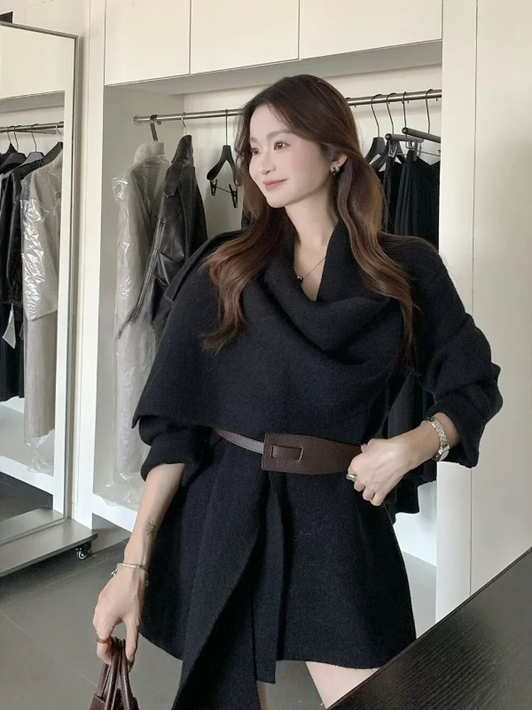 Korean Sle Lazy Knitted Cardigan Coat with Scarf Ne Aosphere Sense Belted ort Outerwear Commute Sle Polyester Fiber