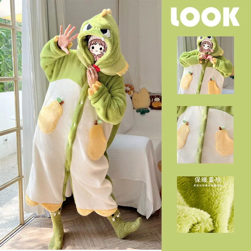 Cartoon Animal Fox Pajamas Women\'s Winter Coral Fleece Thickened One-Piece Plush Cute Long Hooded plus Size Robe Home wear