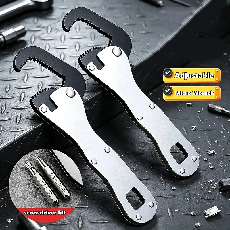 2 in 1 Micro Stubby Wrench for Tight Spaces - Self Adjusting Pipe Vise Tool, Universal Adjustable Mini Spanner Repair Hand Tool