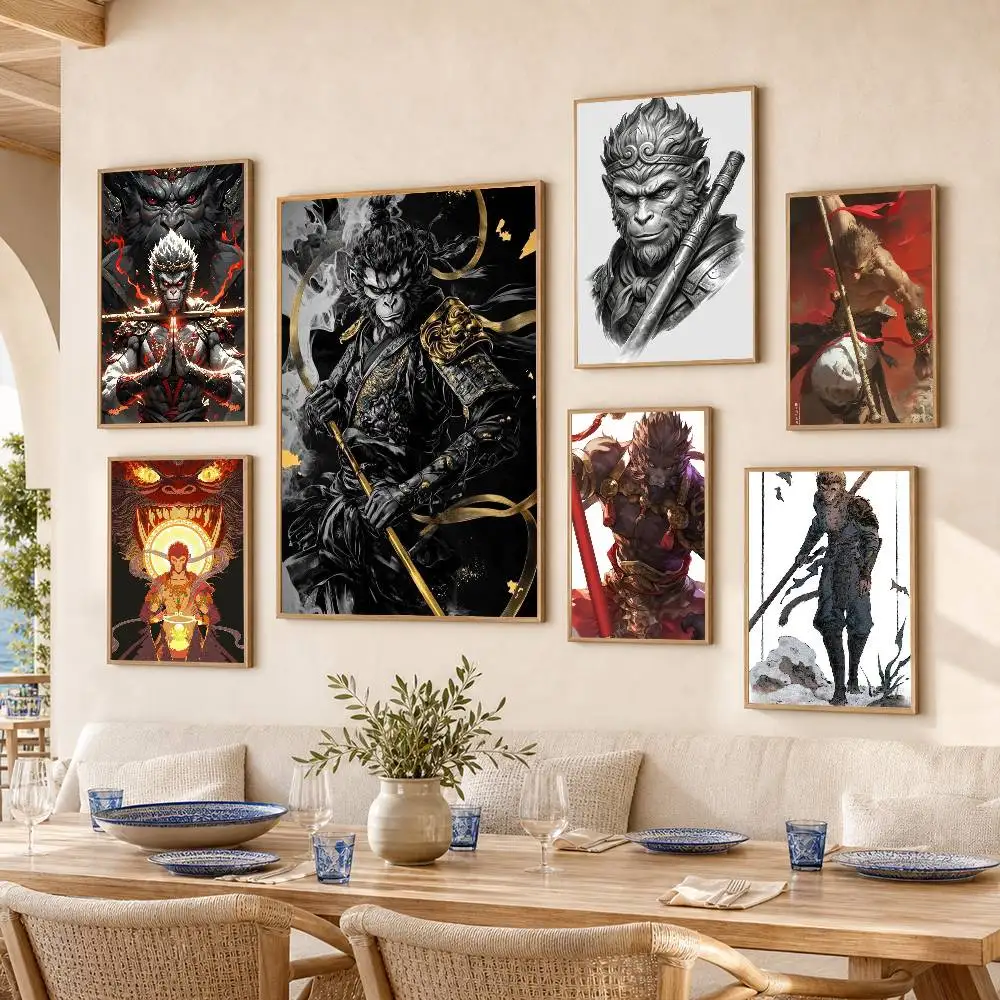 B-Black myth wu kong Poster Self-adhesive Art Waterproof Paper Sticker Coffee House Bar Room Wall Decor