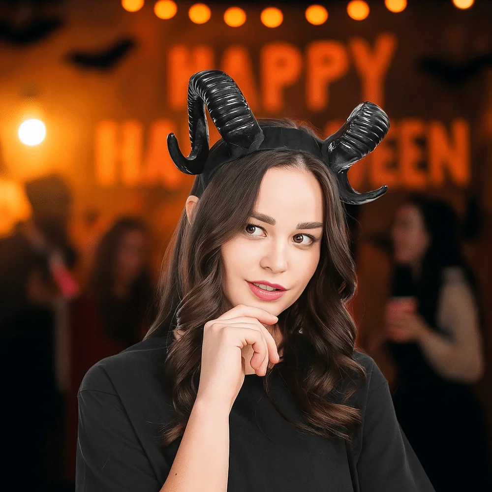Artificial Black Demon Horn Headwear Gothic Reusable Halloween Devil Headband Realistic Unisex Goat Horn Hair Hoop Photo
