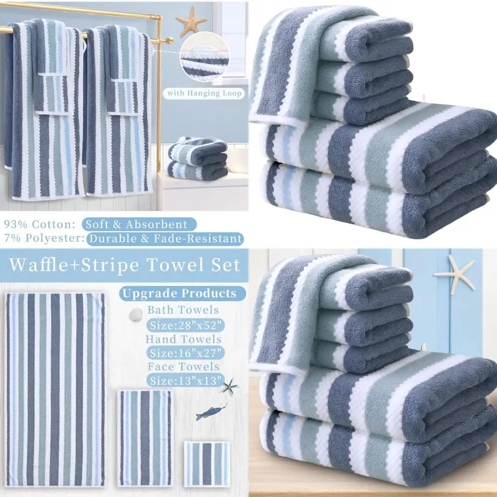 

Luxury Quick-Dry Bath Towels Set - 500GSM Blend, 2 Oversized 28x52, 4 Hand 16x27, Striped Blue Gray & White