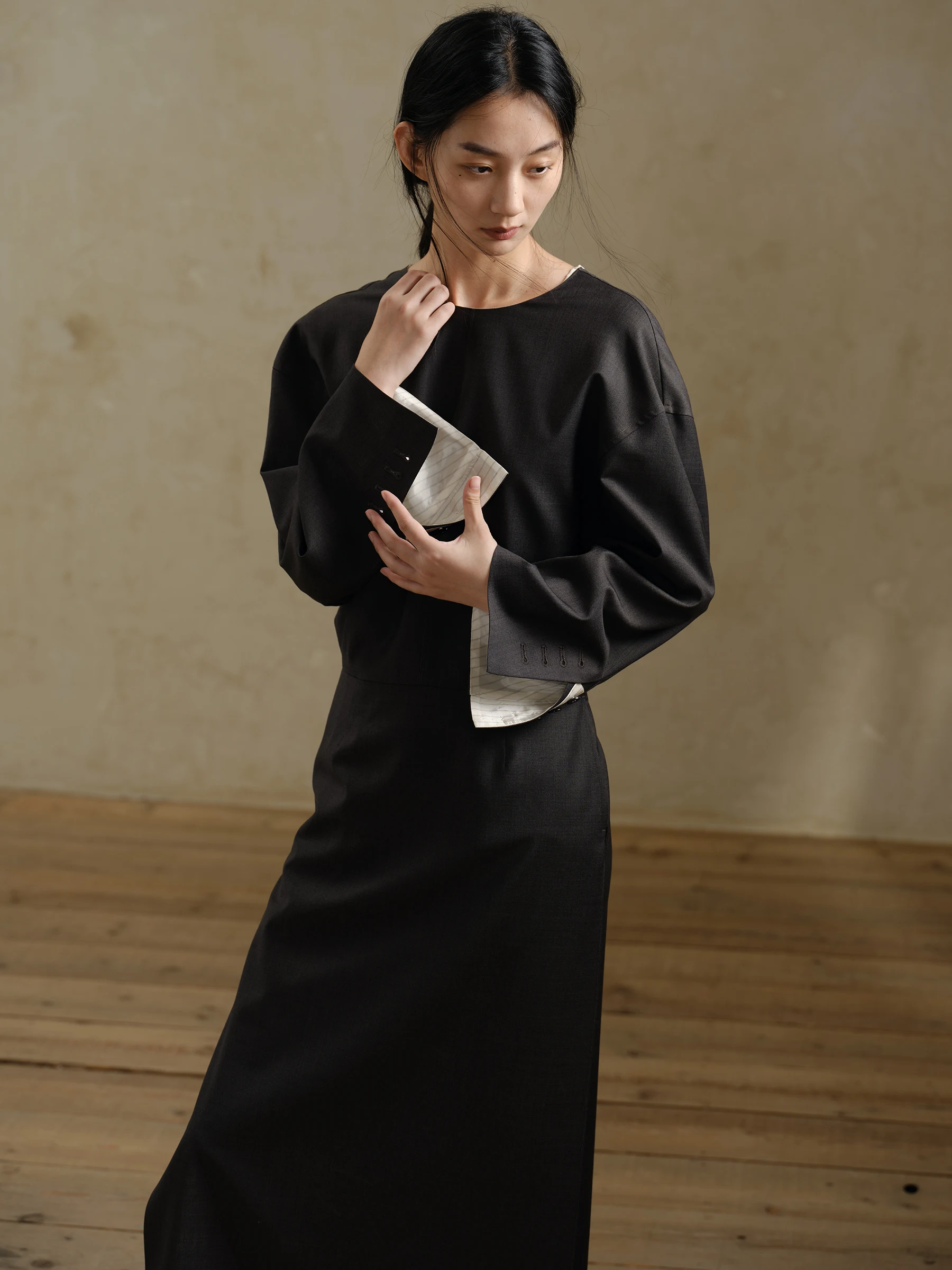 

Commuse Memory Autumn High Quali Wool Dr Ele Deep ey High Slit Color Blo Long Sve V Ne Ci Commute Dr