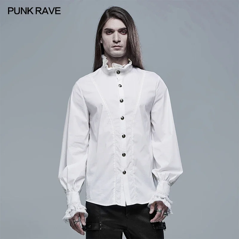 PUNK RAVE Men's Gothic Aristocratic Shirt Micro Elastic Cotton Woven Court Exquisite Lace Party Men Clothing 2 Colors Shirts