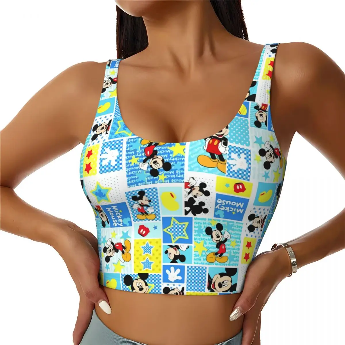 

Custom Mickey Mouse Collage Cartoon Sports Bra for Women High Impact Workout Yoga Crop Top