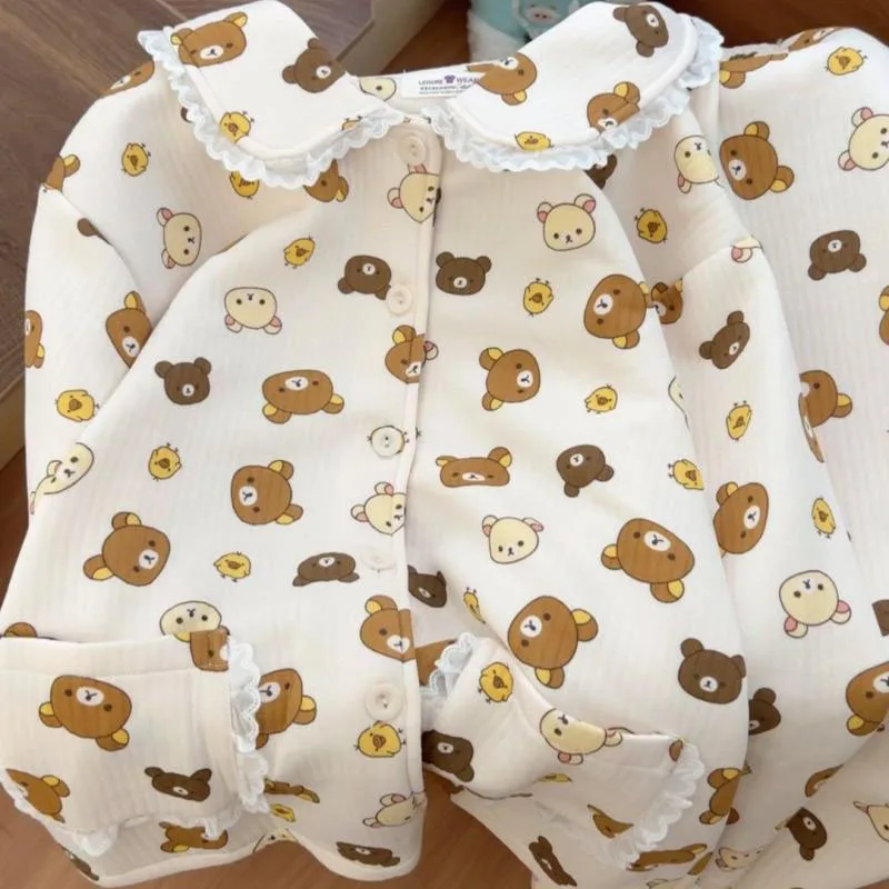 Kawaii Cute Rilakkuma Pajamas Long Sleeved Cotton Cardigan Long Pants V-Neck Home Suit Set Comfortable Birthday Gifts for Girls