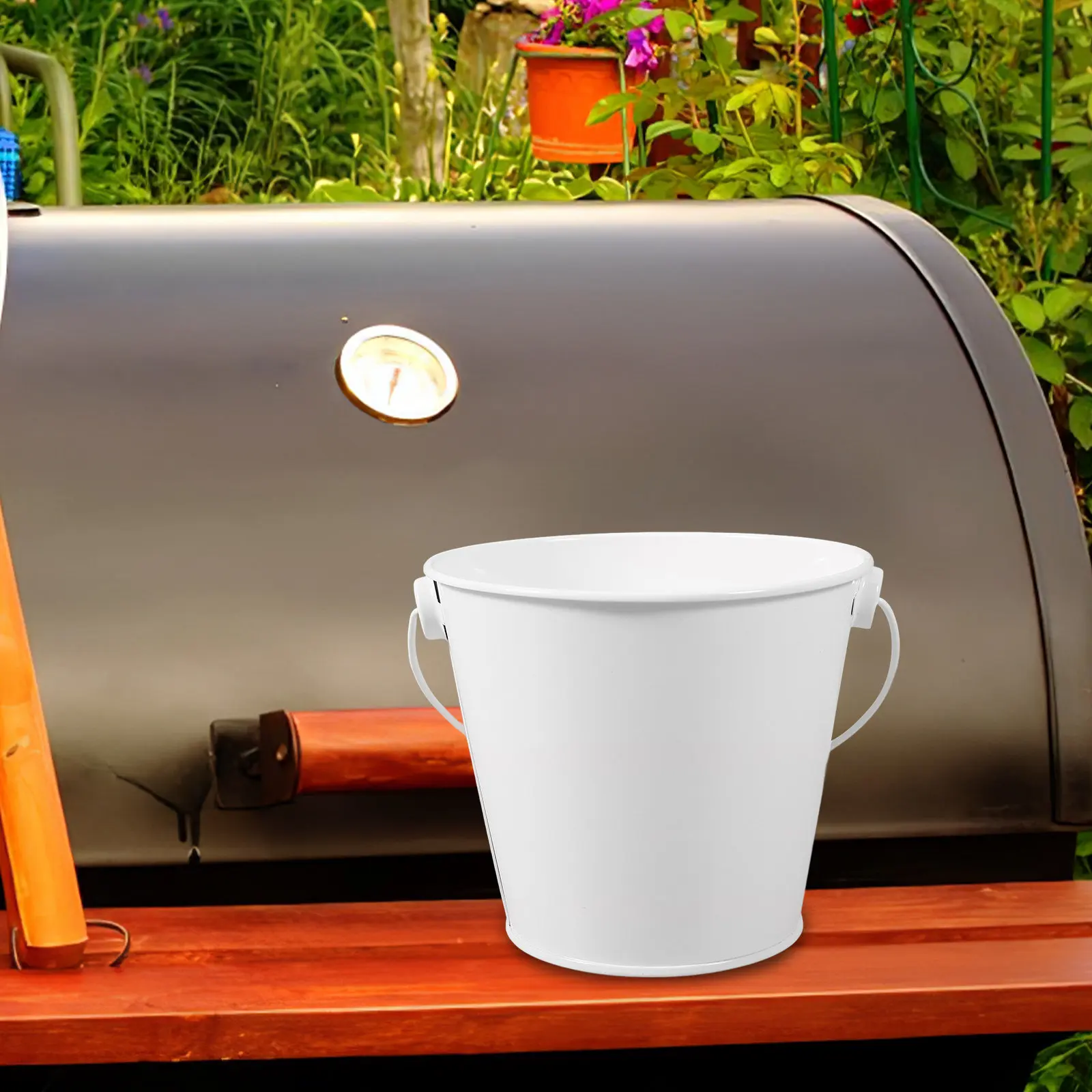 Small Metal Grease Catcher Bucket for Grill White Tin Pail Oil Drip Pan Large Capacity Heat Resistant Easy Reduction