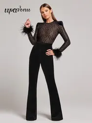 2024 Sexy Women'S Perspective Sheer Sequin Jumpsuit O-Neck Long Sleeved Feather Design Slim Fit Speaker Evening Party Jumpsuit