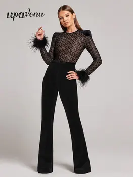 2024 sexy Frauen Perspektive schiere Pailletten Overall O-Ausschnitt Langarm Feder Design Slim Fit Lautsprecher Abend Party Overall
