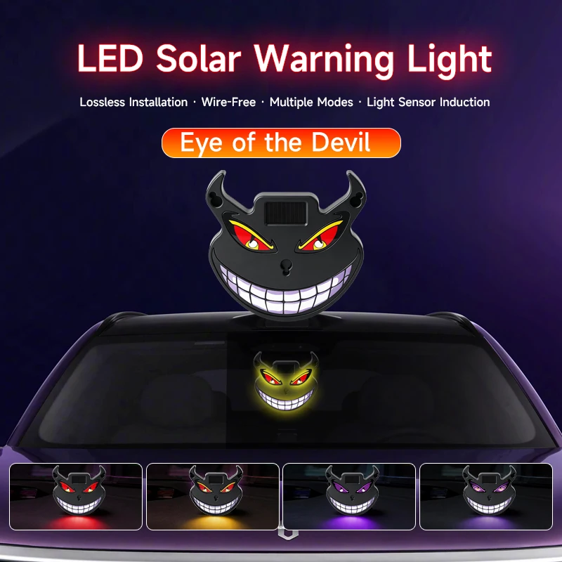 Car demon smiling face solar warning light, interior rear windshield illuminated decorative light, atmosphere light