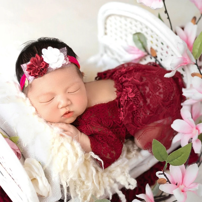 

Baby Photo Clothing Princess Lace Jumpsuit Flower Headband Half Sleeved Romper Newborns Shower Party Decors Posing Props