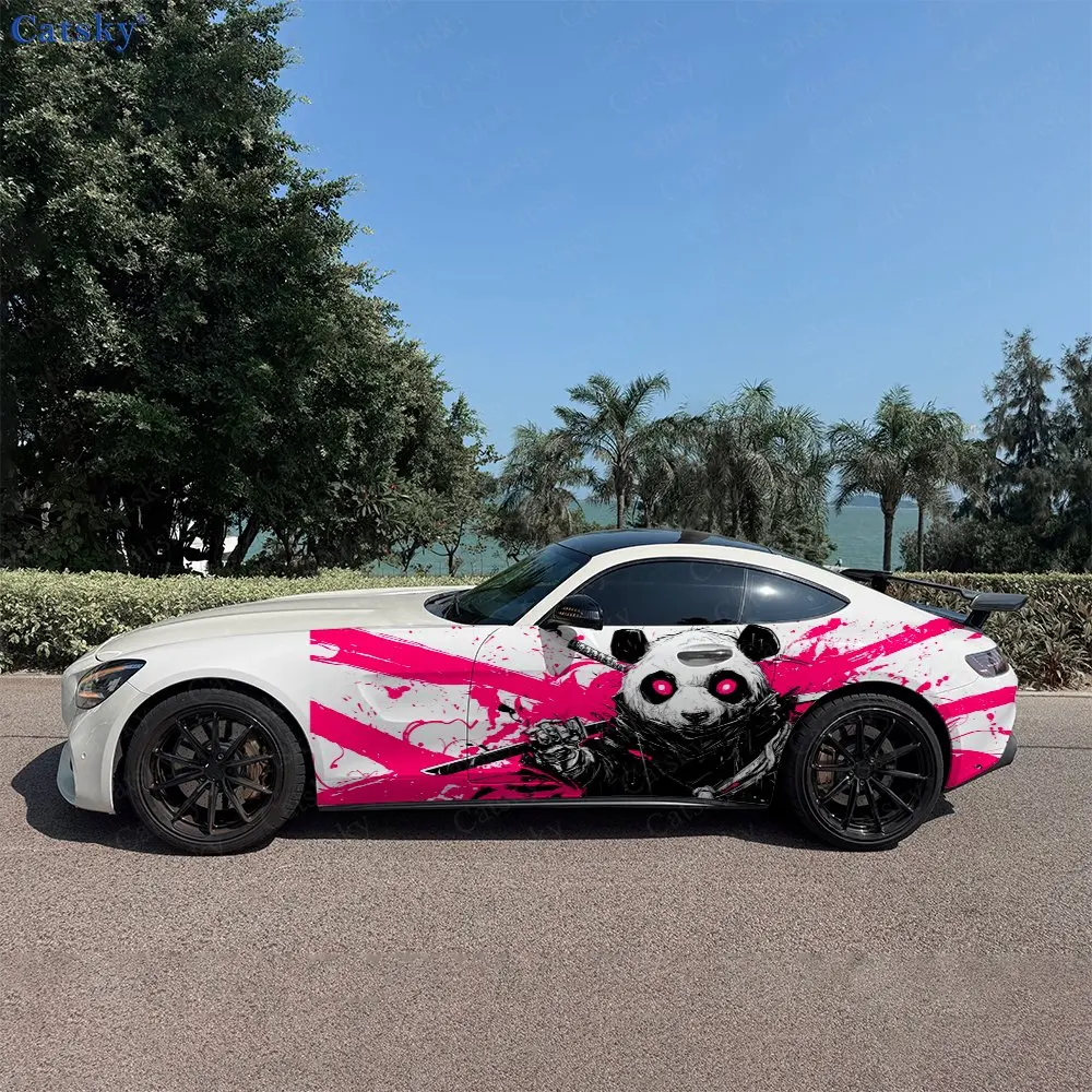2pcs Samurai Panda Pink Splash Car Side Wraps, Self-Adhesive PVC Waterproof & Scratch-Resistant Stickers, Car Accessory Gift