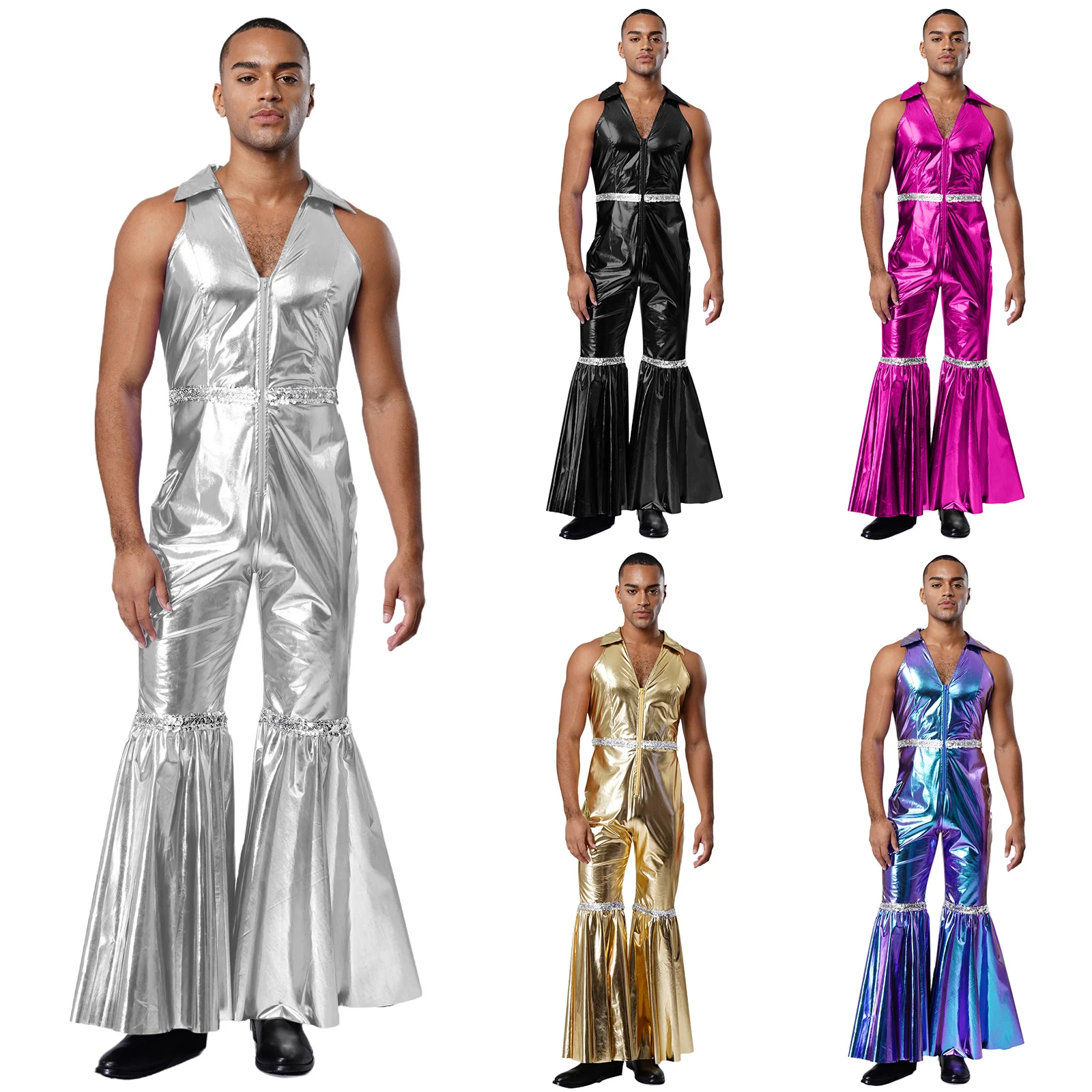 Männer Mode Shiny 70er Jahre Disco Walzer Ballroom Dance Strampler Holographische Overall für Retro Party Jazz Dance Performance Uniformen