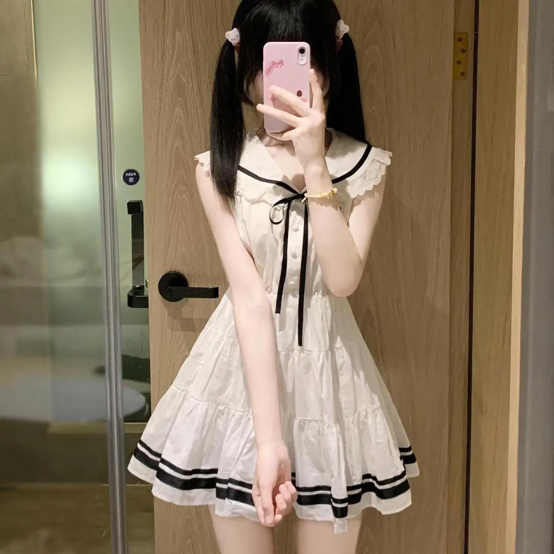 

Japan 2026 New College Style Navy Collar Strappy Dress For Women White Sweet Age Reducing Waist Short Skirt Girly Style