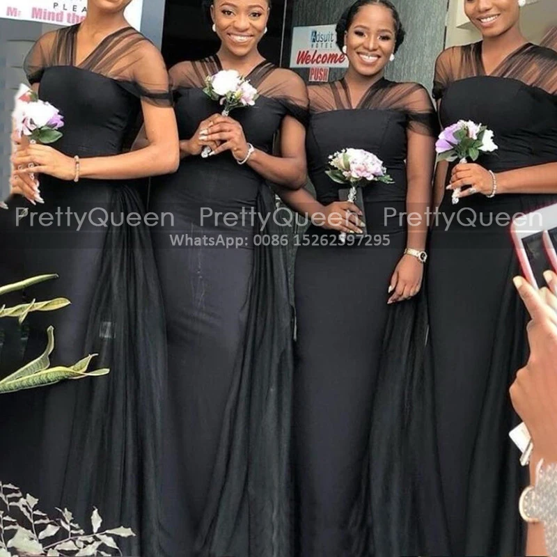 Customized Black Mermaid Bridesmaid Dresses With Short Sleeves Sheer V Neck Waistline Cap Long Sheath Party Dress Wedding Guest