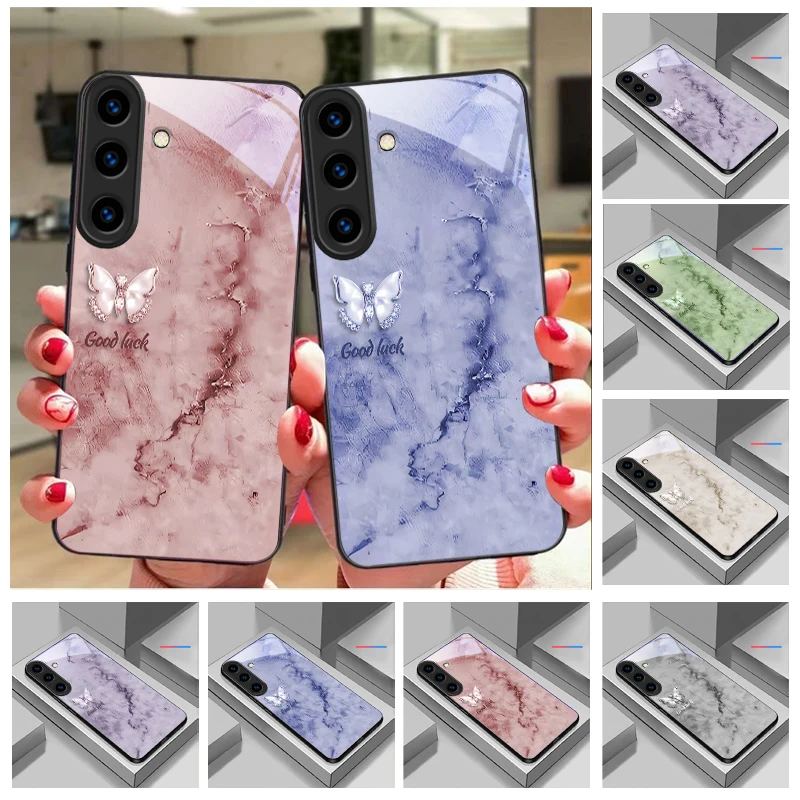 Pearl Butterfly Language For For Samsung Galaxy S25+ S24+ S26 Ultra S25 Edge S24 FE S23 S22 S21 S20 Plus Black Glass Phone Case