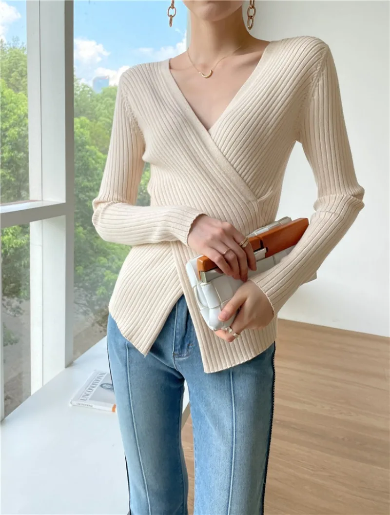 Women Twist Cable Cross V Neck Knit Wrap Cardigan Crop Top Sweater Thick Long Sleeve Belted Jacket Coat Pull Jumper Knitwear