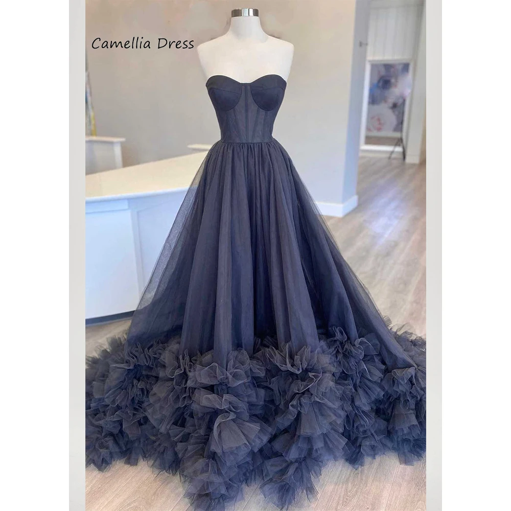 

Black Strapless Party Dresses Multi-Tiered A-Line Evening Dress Tulle Elegant and Pretty Women's Dresses Vestidos De Fiesta