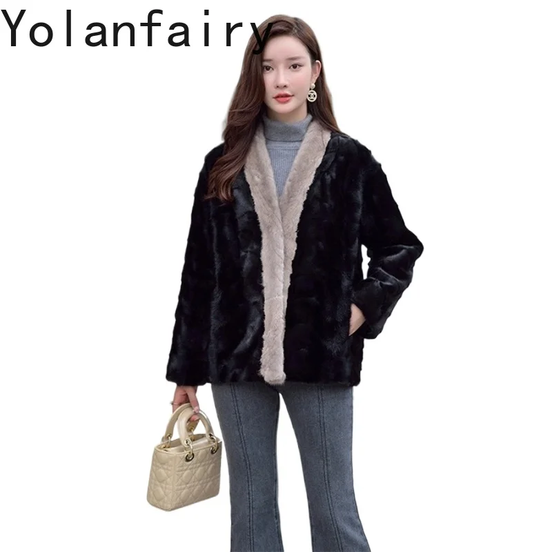 

YOLANFAIRY Real Mink Fur Coat Woman 2025 Autumn Winter Fashion V-neck Natural Fur Jacket Women's Clothes Short Black Fur Coats