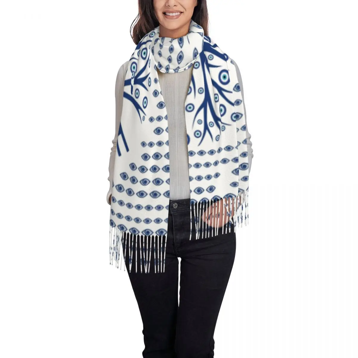 Custom Print Greek Evil Eye Tree Mati Scarf Men Women Winter Warm Scarves Matiasma On White Turkish Shawl Wrap