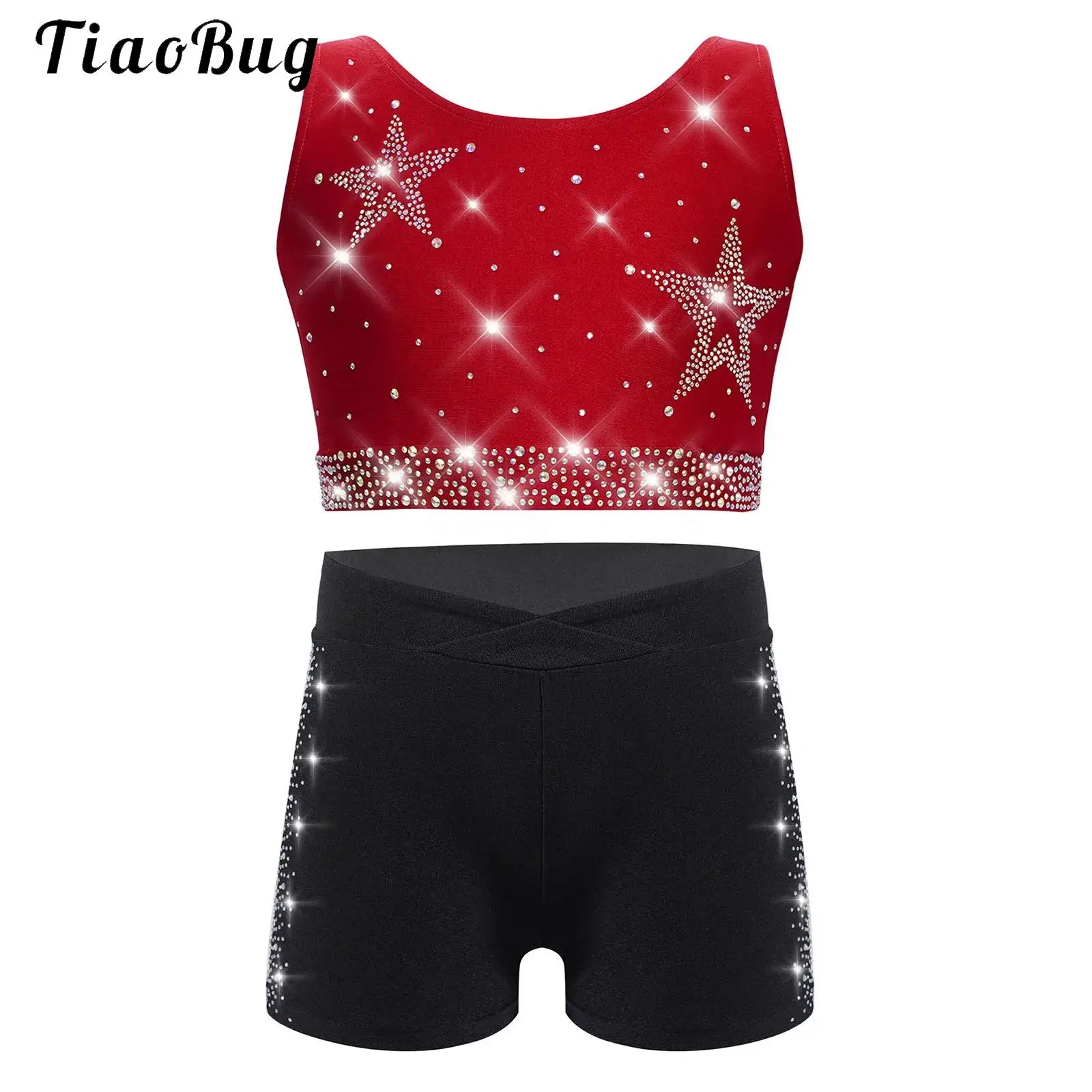 

Kids Girls Shiny Rhinestones Gymnastics Dance Outfit Sleeveless Crop Top with Shorts Set Figure Skating Jazz Hip-hop Dancewear