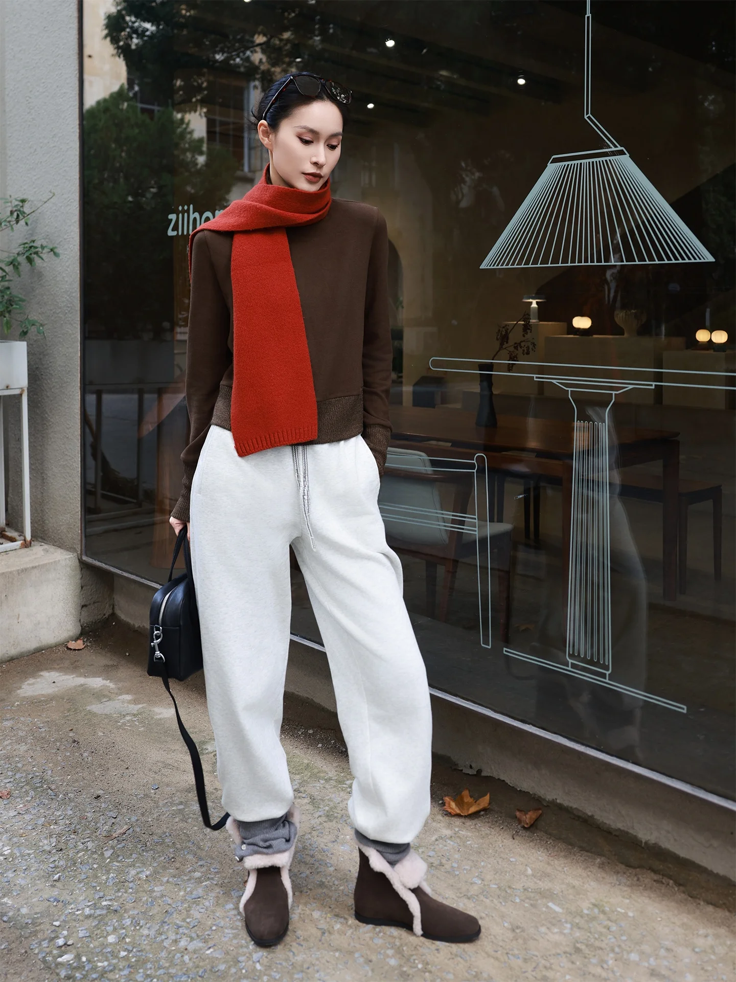 

Jieji Zhang High Collar Knitted Long Sve Fce Lined Cuffed T-irt Women's Casual Sle Loose Fit Home Office Wear