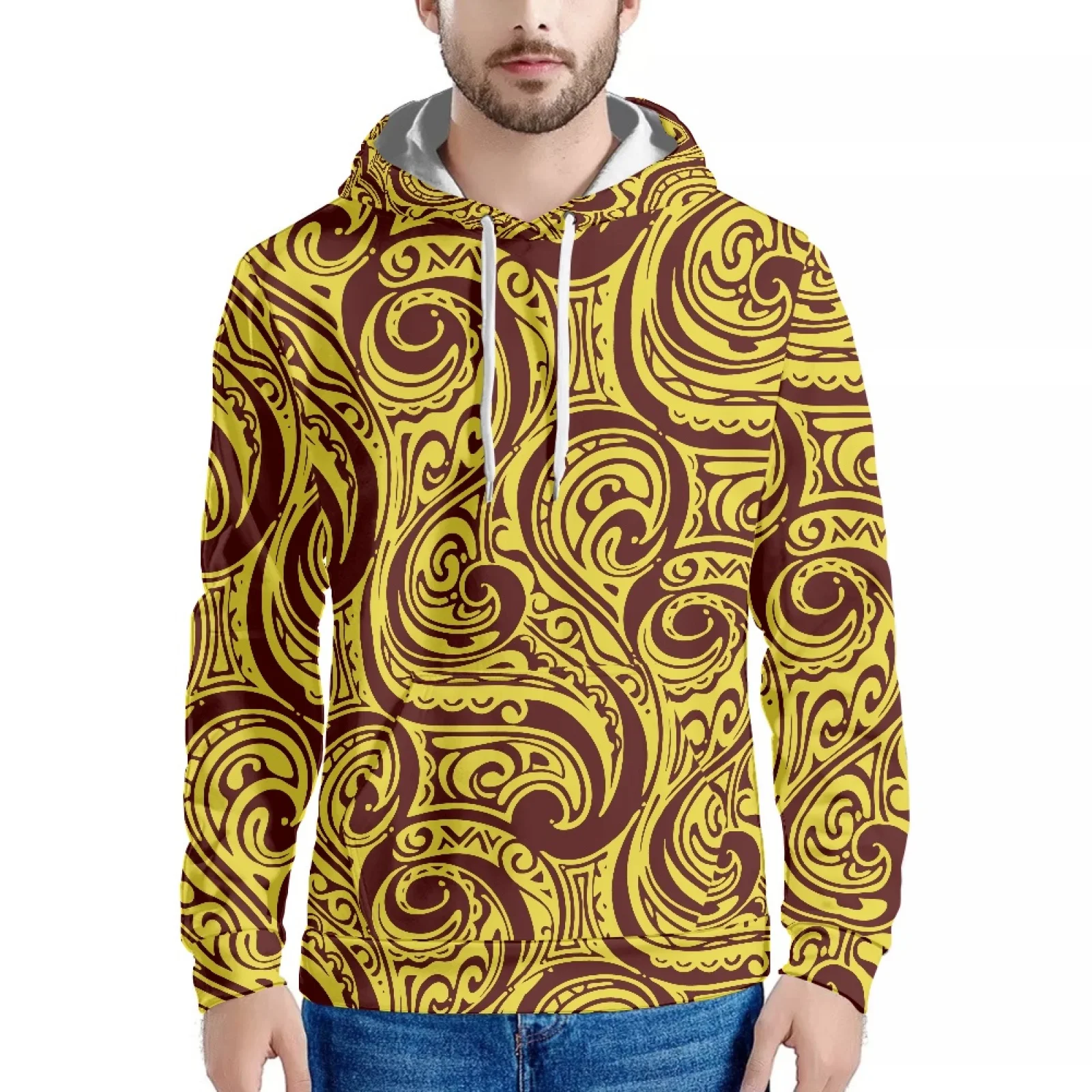 

Yellow Tribal Pattern Hawaii Polynesian Samoa Fall Style printed Fashion Sweatshirt Long Sleeve Hoodie Slim Men Warm Hoodie Fall