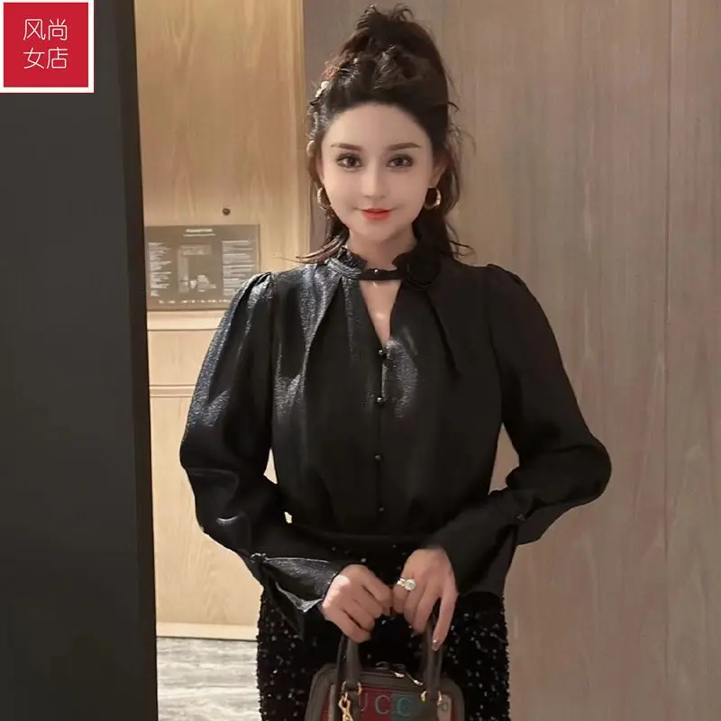 French Chic and Beautiful Winter New Style Loose and Luxurious Retro Solid Color Versatile Slimming Long Sleeved Shirt for Women