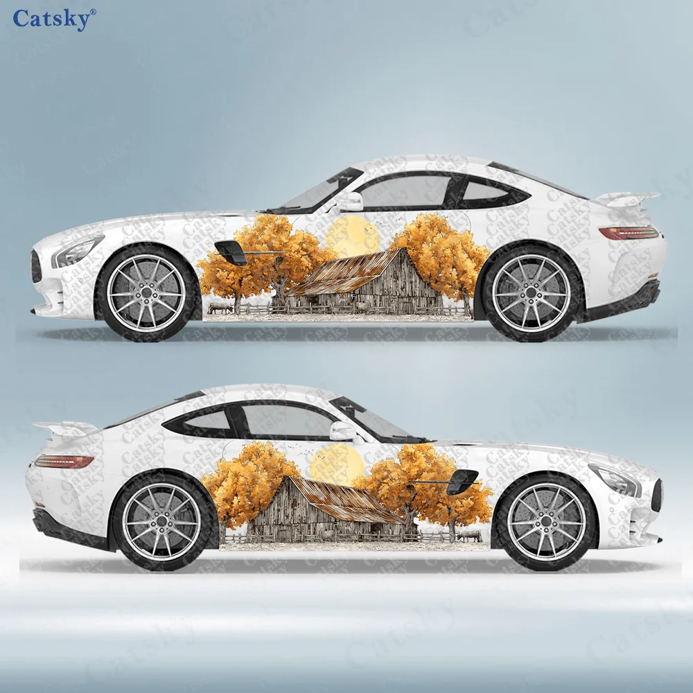 

2pcs Autumn Farm Cattle Car Side Wraps, Self-Adhesive PVC Waterproof & Scratch-Resistant Stickers, Car Accessory Gift