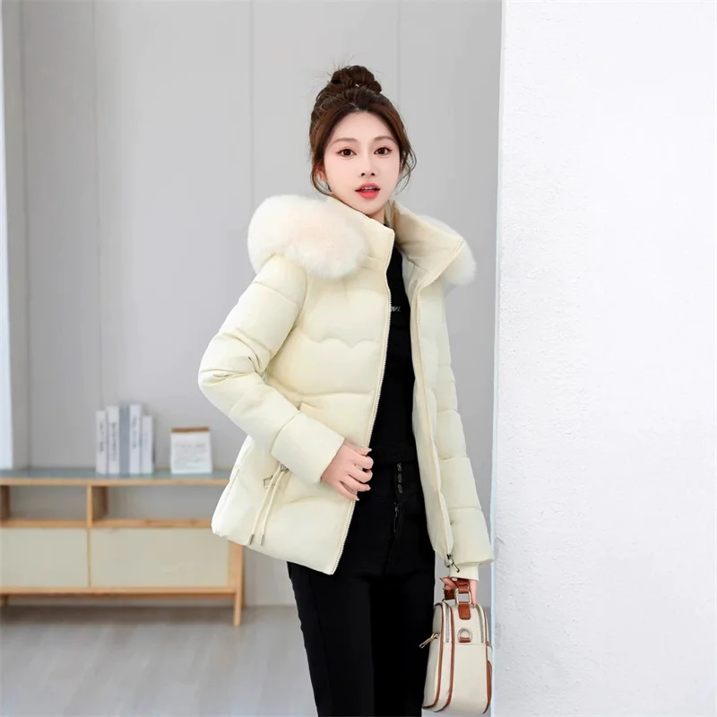 Giacca corta in cotone con cappuccio autunno inverno Cappotti Parka da donna Capispalla caldo antivento Giacca in cotone con collo in pelliccia imbottito tinta unita