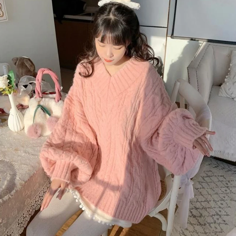 Bow Tie V-Neck Sweater Women Twist Loose Lazy Pink Lantern Sleeve Knitted Pullover Solid Fashion Pretty Style Female  Jumpers