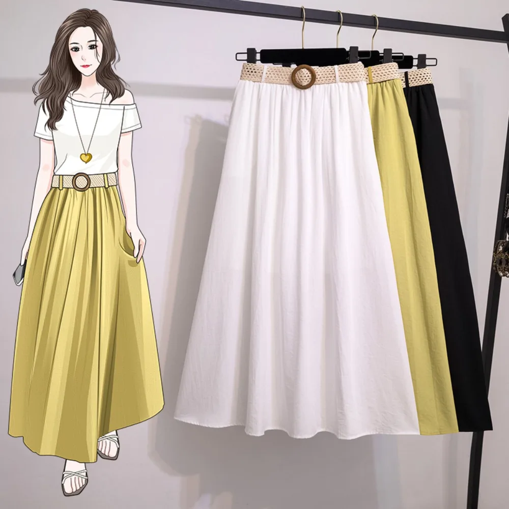 

Повседневные шикарные однотонные тонкие юбки трапециевидной формы с поясом, корейская модная богемная летняя женская одежда больших размеров