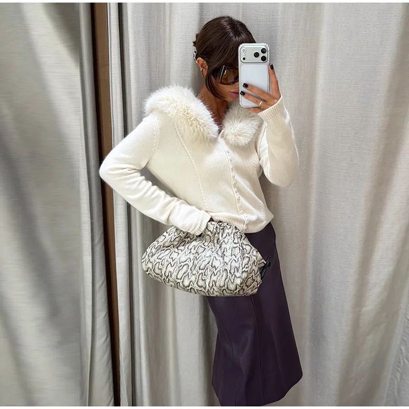 Cable Knit Cardigan with Faux Fur Collar — product details 34