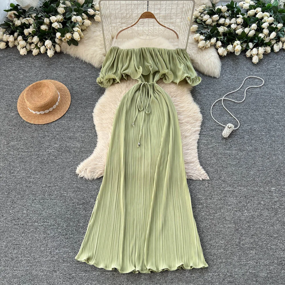 

Women Dresses Solid Dress Lace Up Ruffle Hem Pleated Slash Neck Ankle Length Short Sleeves Empire Waist Loose Casual 2025 Summer