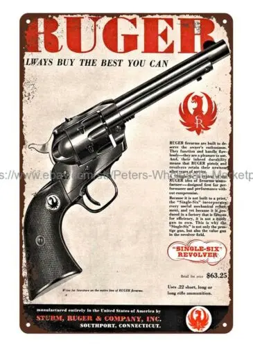 wall hanging firearm 1958 RUGER Single Six .22 revolver handgun metal tin sign