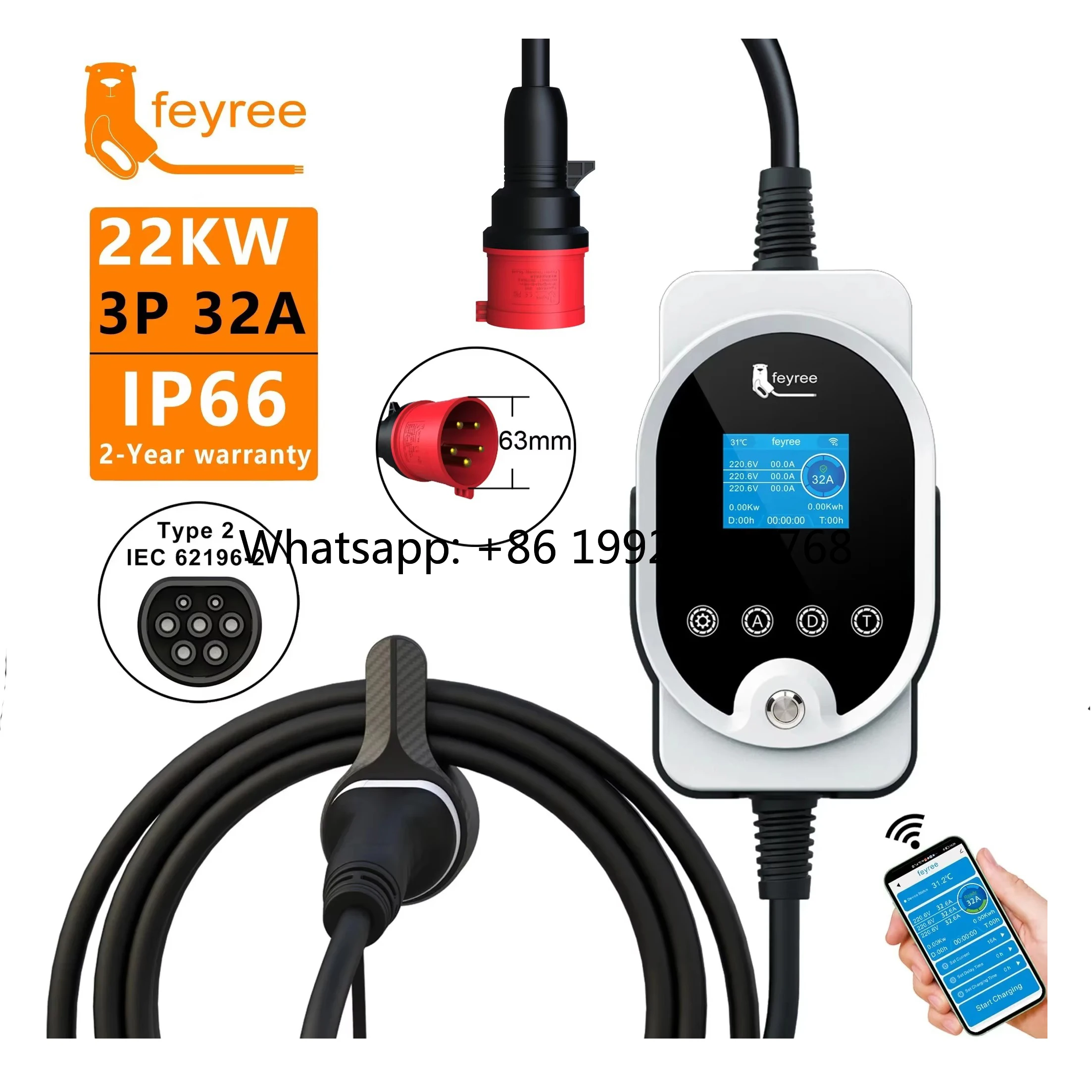 

Портативное быстрое зарядное устройство Feyree 380В, 3 фазы, 32А, 22 кВт, настенная зарядная станция для электромобилей, 2-в-1, Тип 2